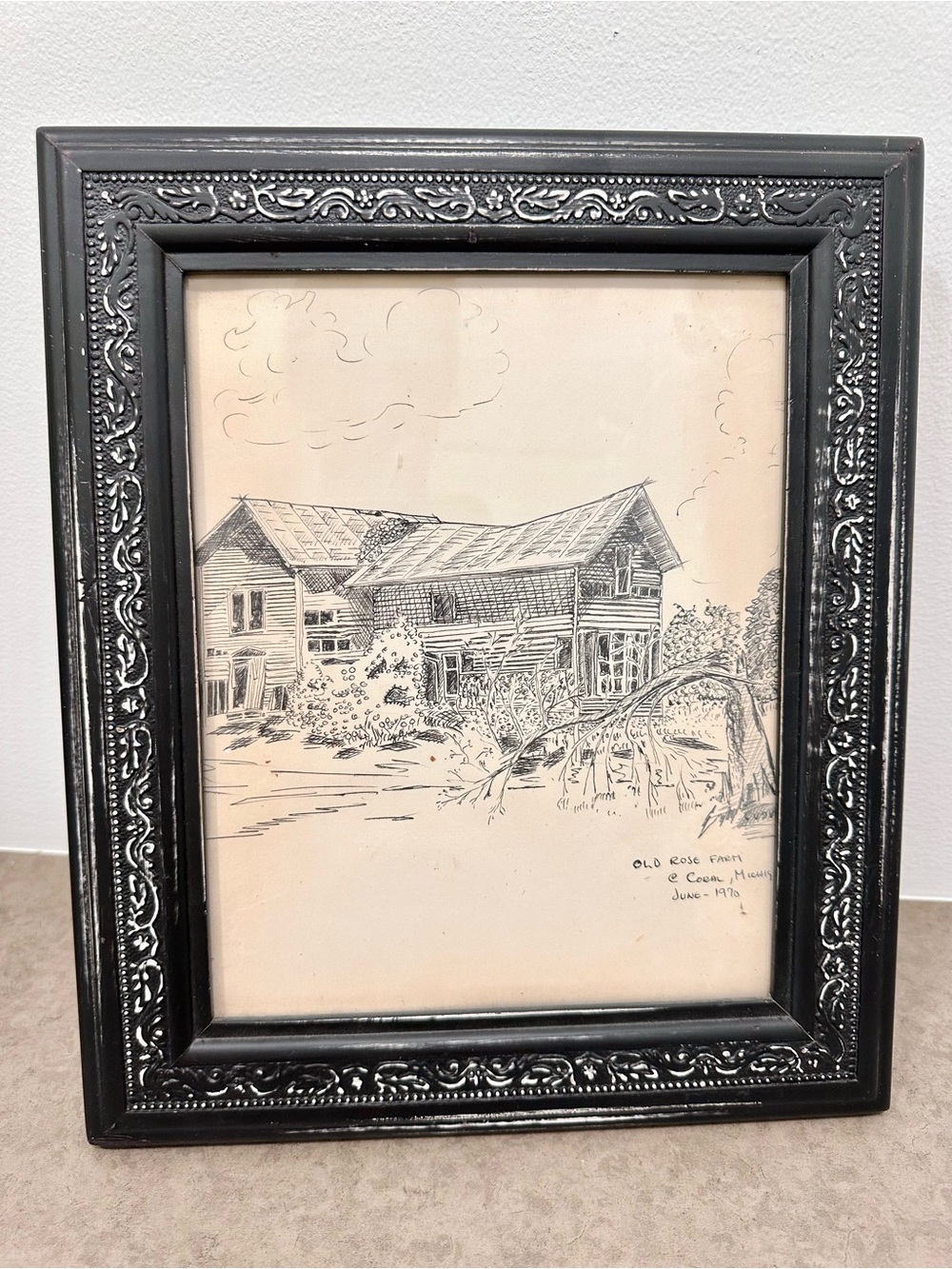 Original Framed Vintage Ink Drawing Sketch Old Rose Farm Michigan 1970 Markings